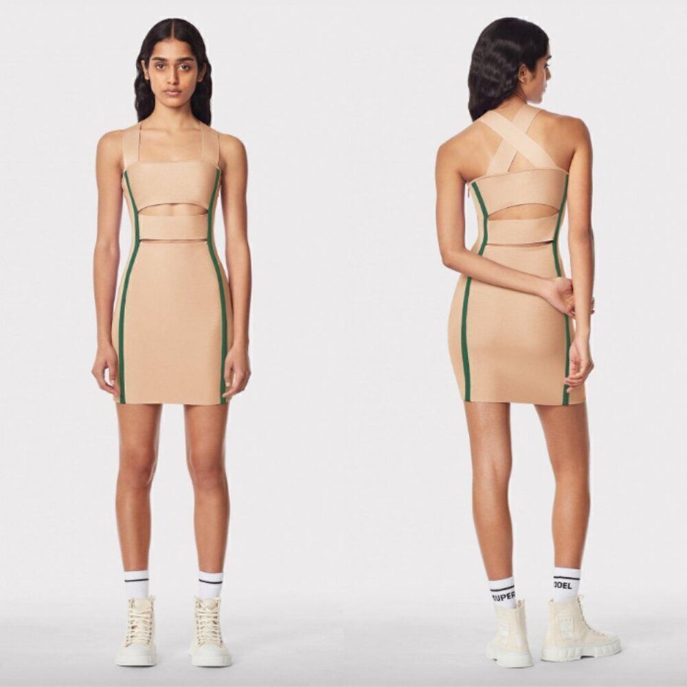 NWT Herve by Herve Leger peach green stripe cut out bodycon bandage mini dress